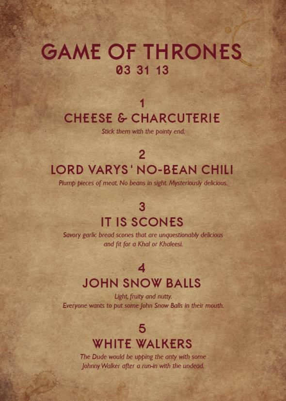 Game Of Thrones Dinner Party Ideas
 Game of Thrones theme menu Bacon and Legs