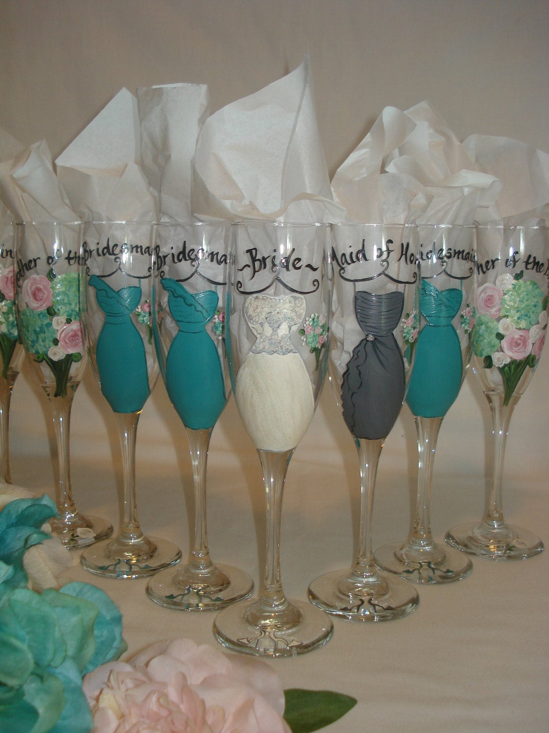 Gift Ideas For Wedding Party
 Hand Painted Personalized Bridal Party Champagne Glasses