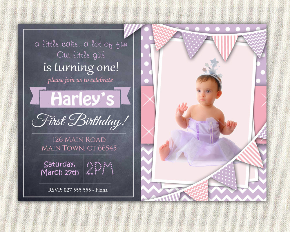 Girl 1St Birthday Invitations
 1st Birthday Invitation Purple and Pink Girls Chalkboard