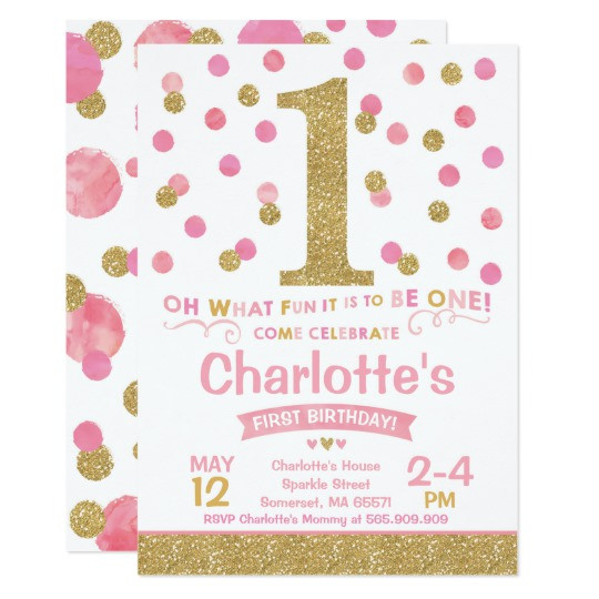 Girl 1St Birthday Invitations
 Girl 1st Birthday Invitation Pink & Gold Confetti