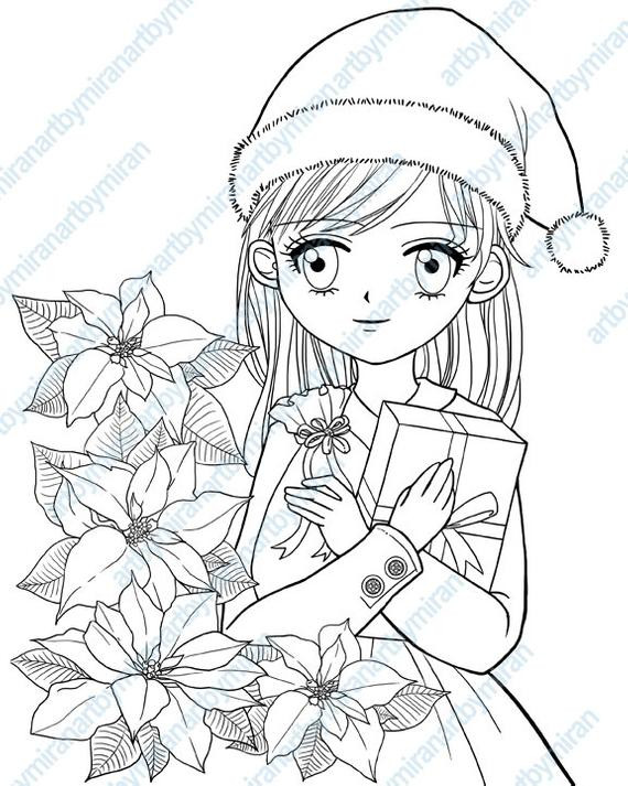 Girl Christmas Coloring Pages
 Christmas Digital Stamp Poinsettia and Girl Coloring page