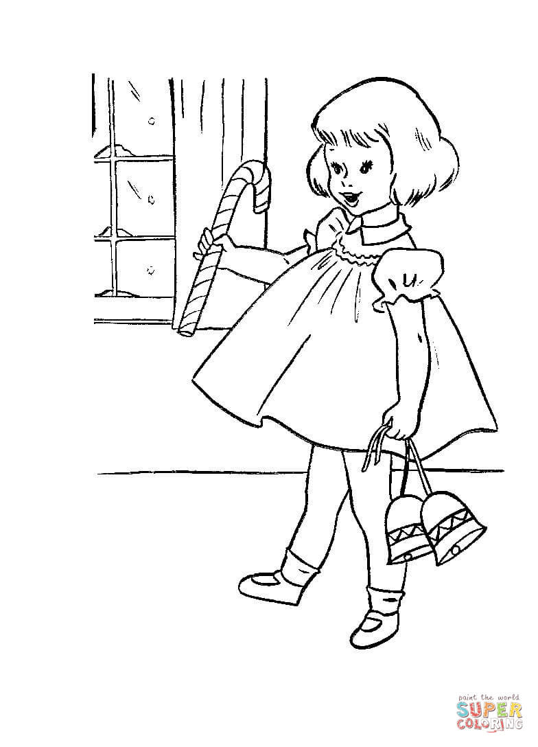 Girl Christmas Coloring Pages
 Little girl with Candy and Christmas Bells coloring page