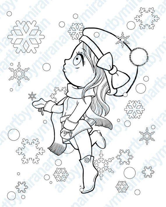 Girl Christmas Coloring Pages
 Christmas Digital Stamp Winter Coloring page snowflake
