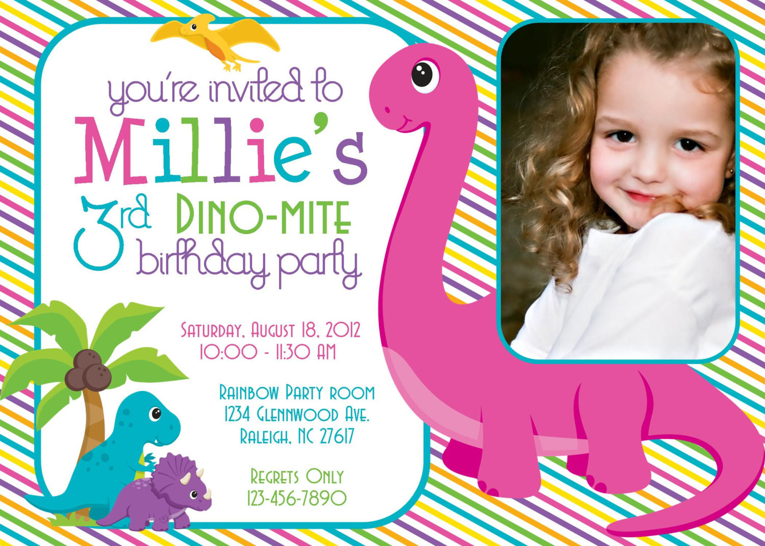 Girl Dinosaur Birthday Party
 Dino Mite Dinosaur Birthday Party 5x7 Invitation Girl