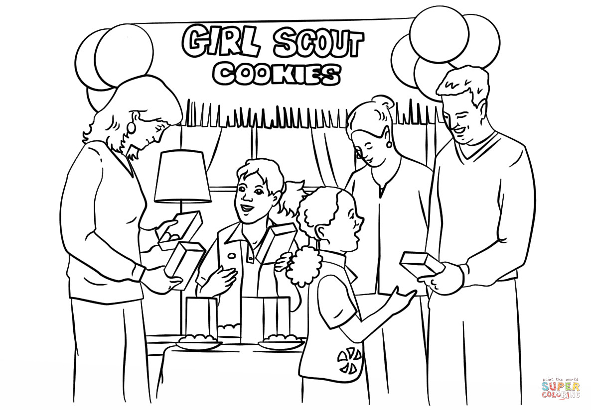 Girl Scout Coloring Pages
 Brownie Girl Scouts Selling Cookies coloring page