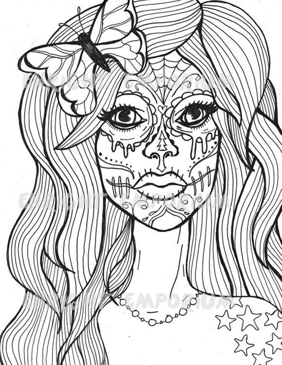 Girl Skull Coloring Pages
 Items similar to Sugar Skull Girl Coloring Page Download