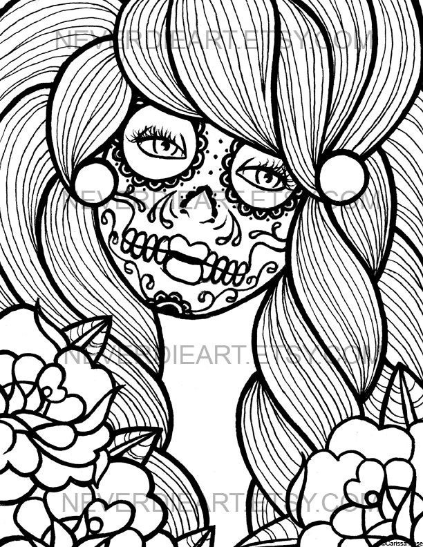 Girl Skull Coloring Pages
 Digital Download Print Your Own Coloring Book Outline Page