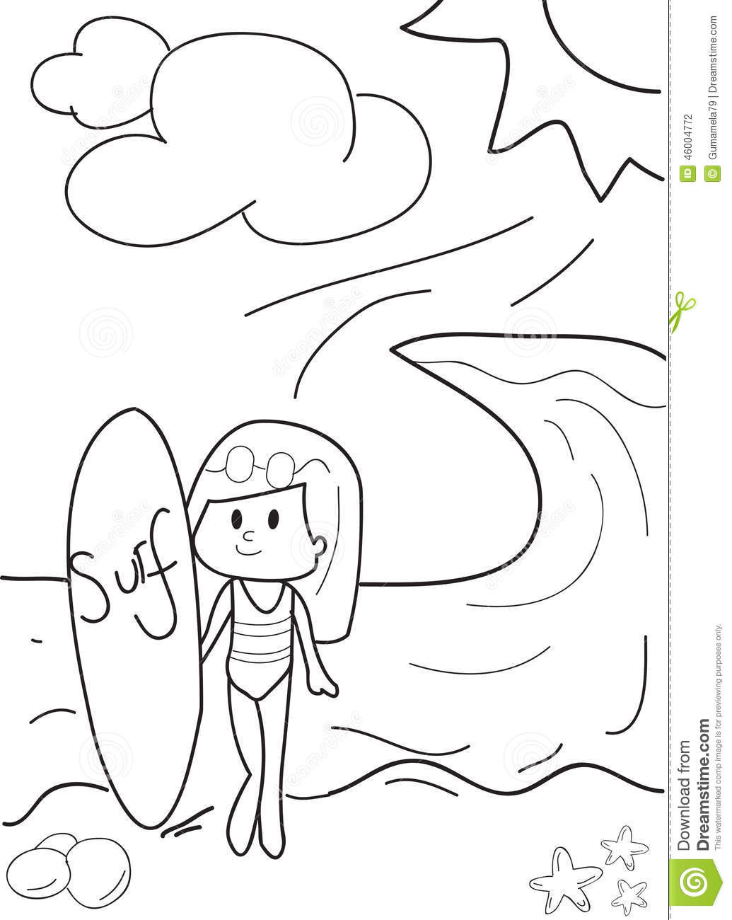 Girl Surfing Coloring Pages
 Hand Drawn Beach Girl Surfing Coloring Page Stock