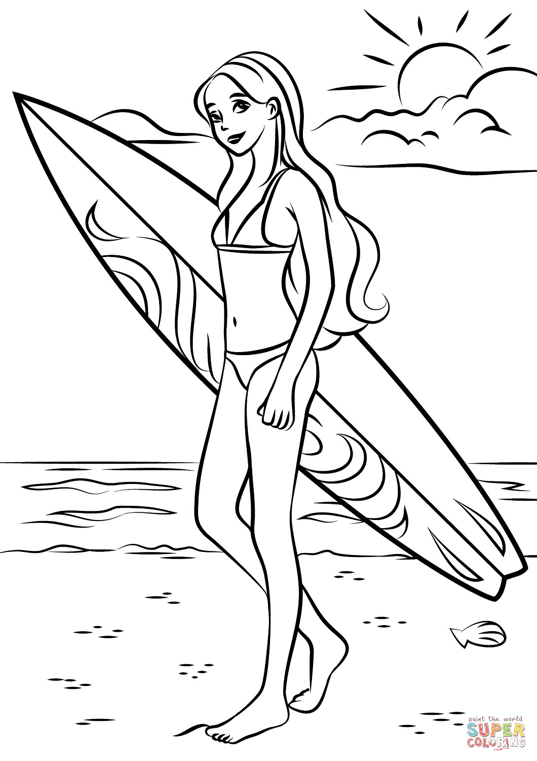 Girl Surfing Coloring Pages
 Barbie Surfer coloring page