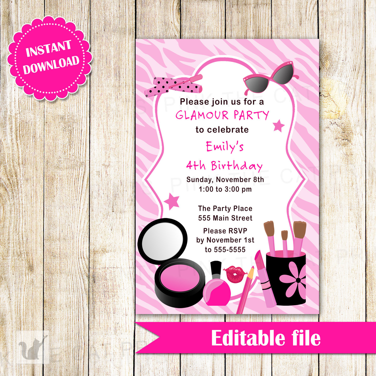 Girls Birthday Party Invite
 Glamour Invitation Girl Birthday Party Makeup Invite