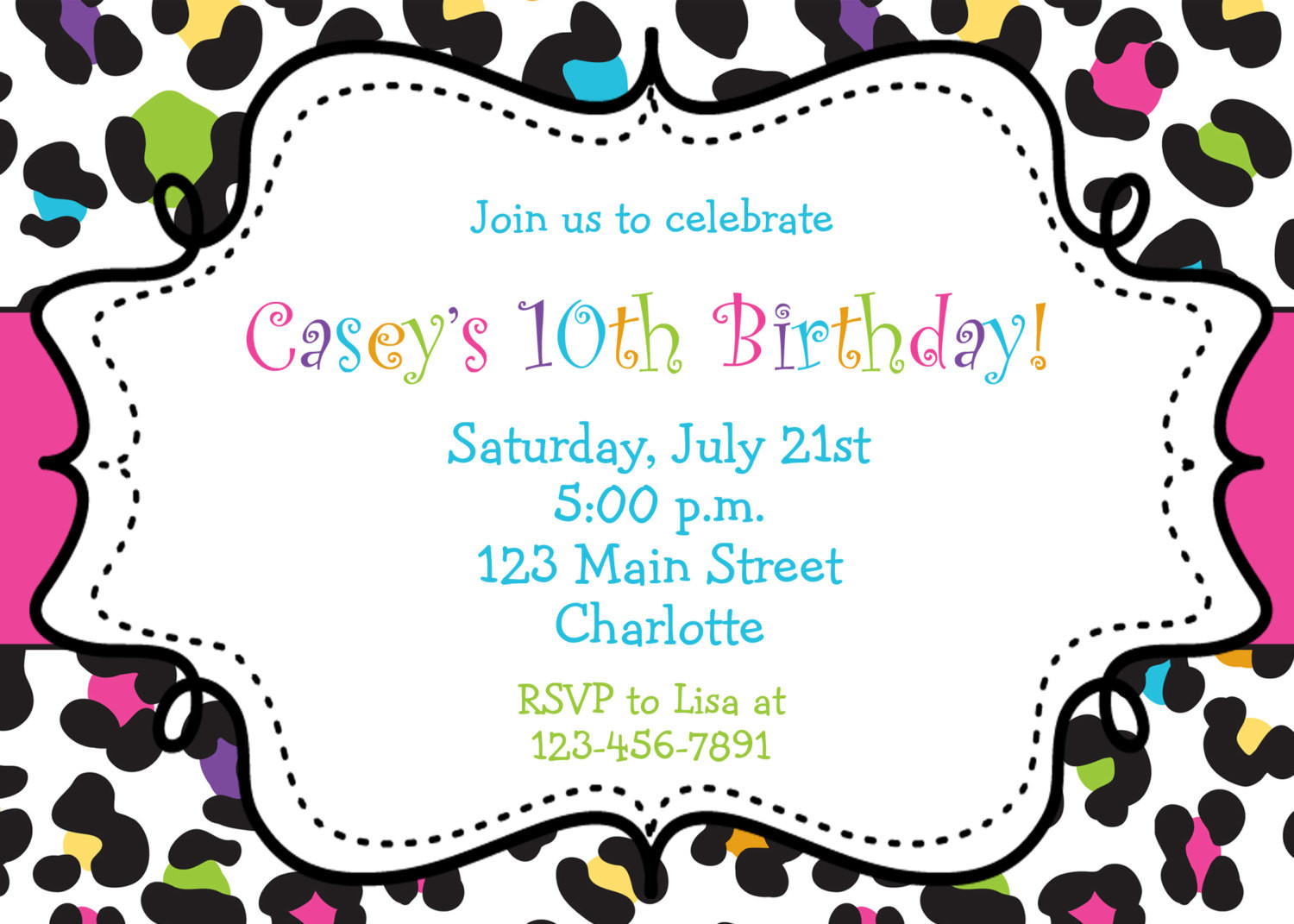 Girls Birthday Party Invite
 Rainbow Cheetah Girls Birthday Party Invitation Printable