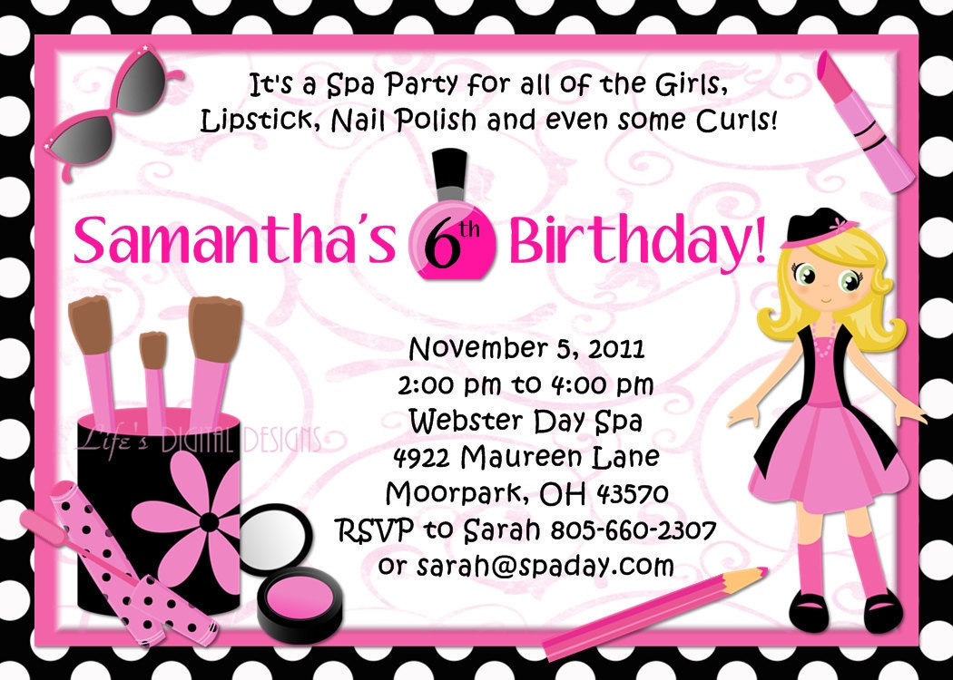 Girls Birthday Party Invite
 Spa Party Birthday Invitations Glamour Girl Beauty Day Polka