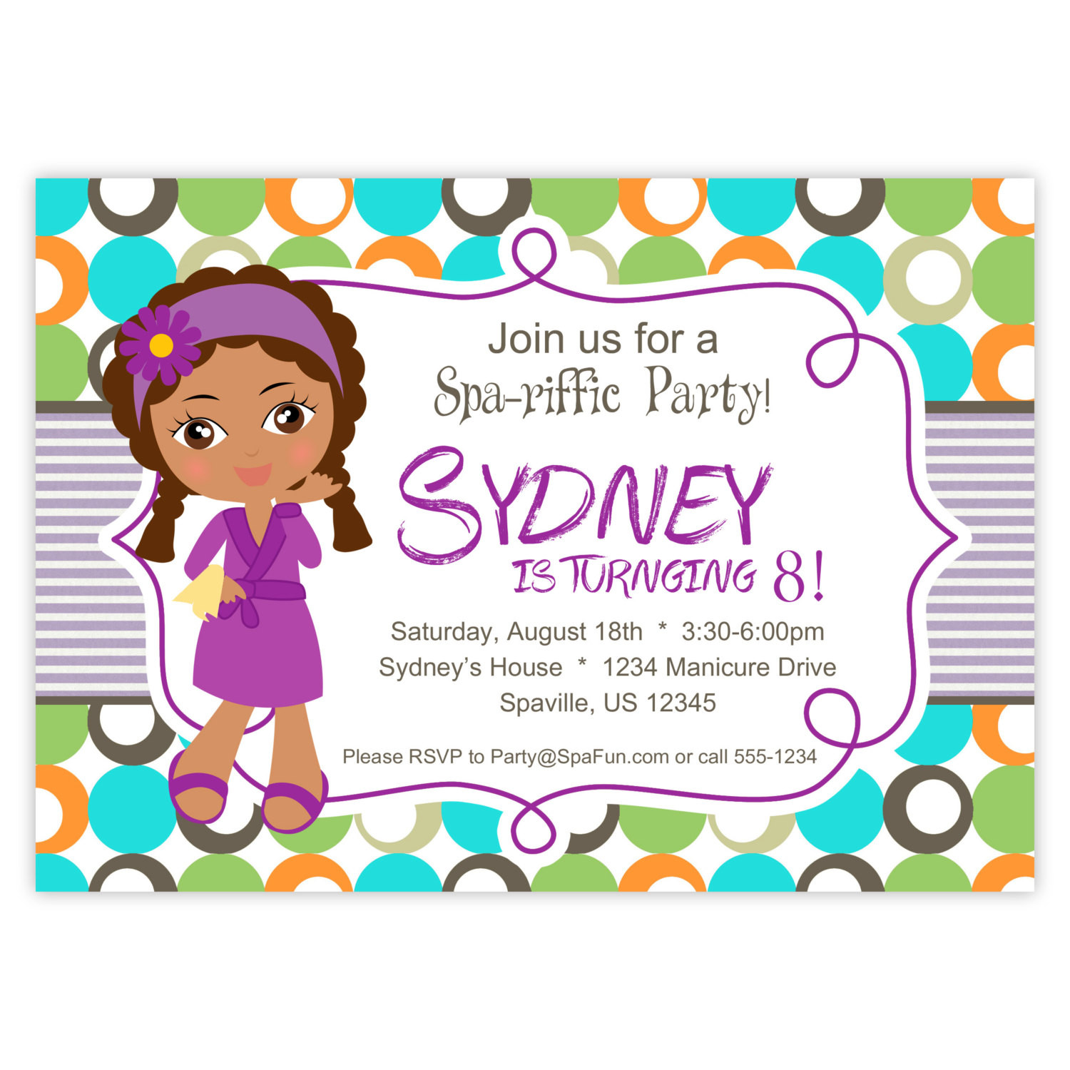 Girls Birthday Party Invite
 Spa Party Invitation Lime Turquoise and Orange Polka Dots
