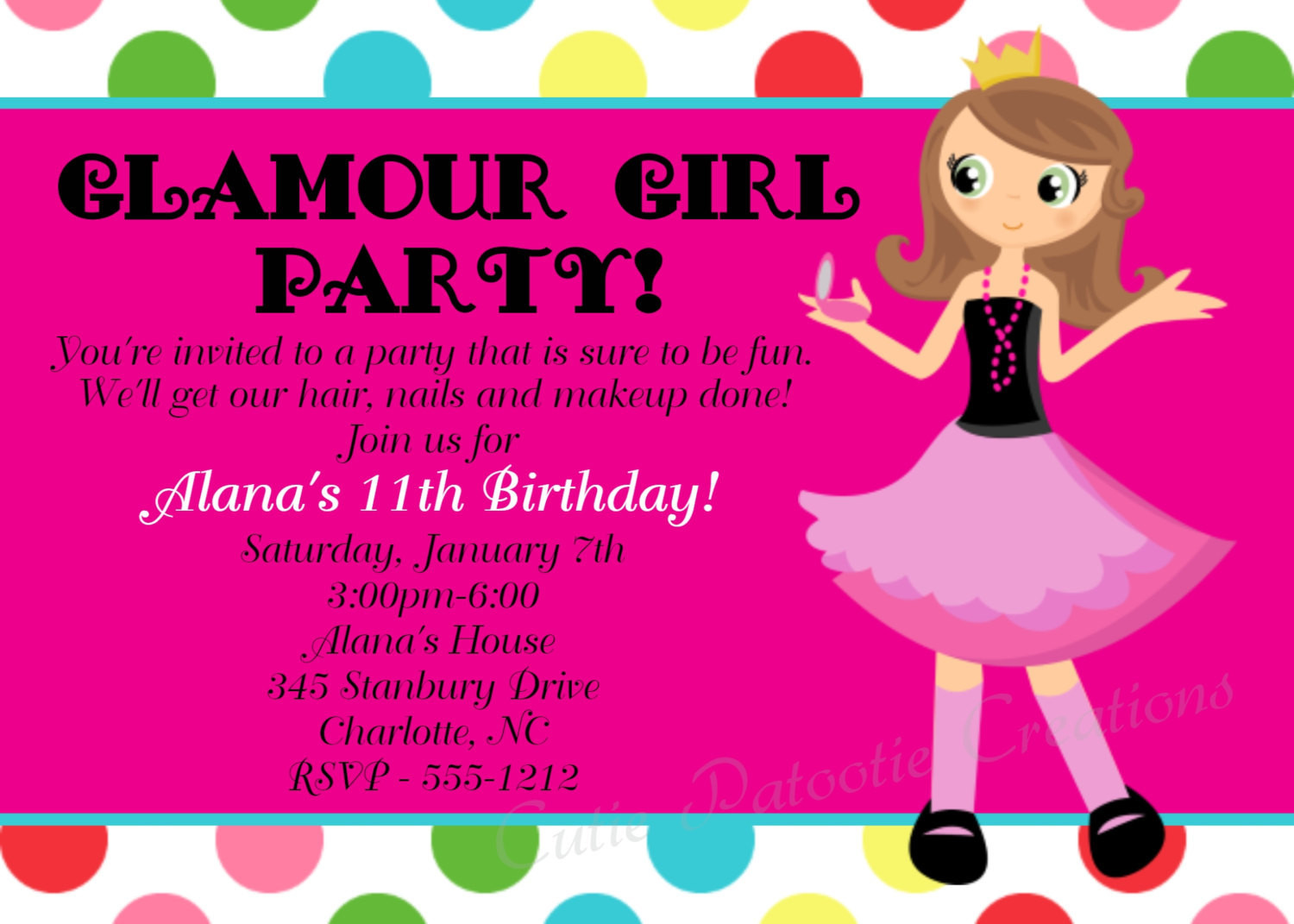Girls Birthday Party Invite
 Glamour Girl Birthday Invitation Printable or Printed