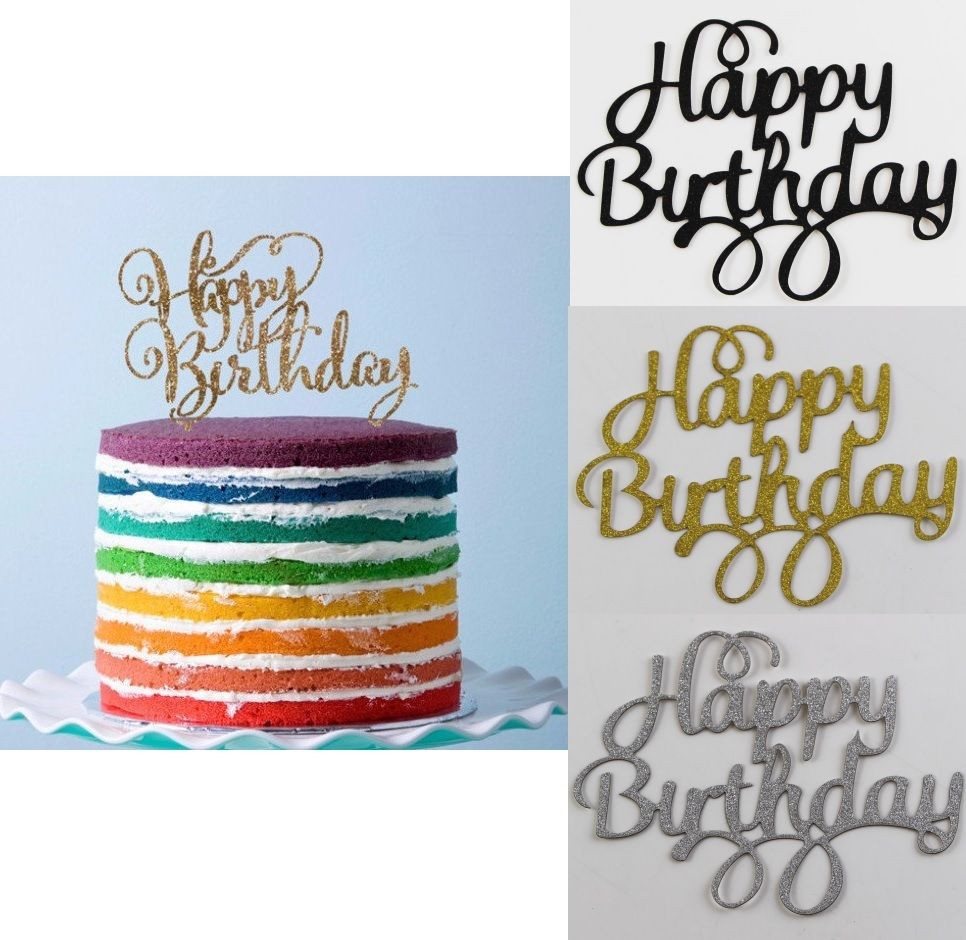 Gold Happy Birthday Cake Topper
 1 x HAPPY BIRTHDAY CAKE TOPPER Black Gold Silver Glitter