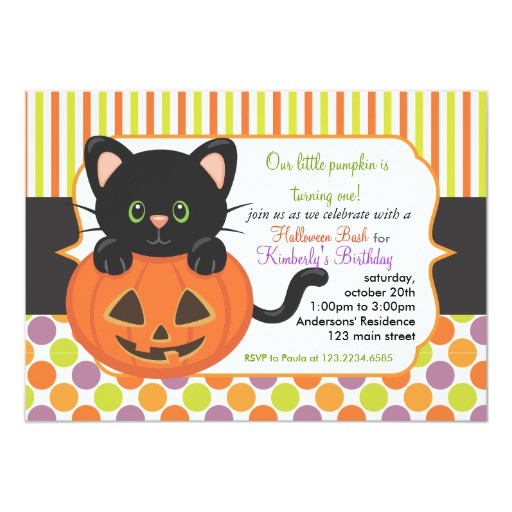 Halloween 1St Birthday Invitations
 Halloween First Birthday Party Cute Pumpkin Cat Card