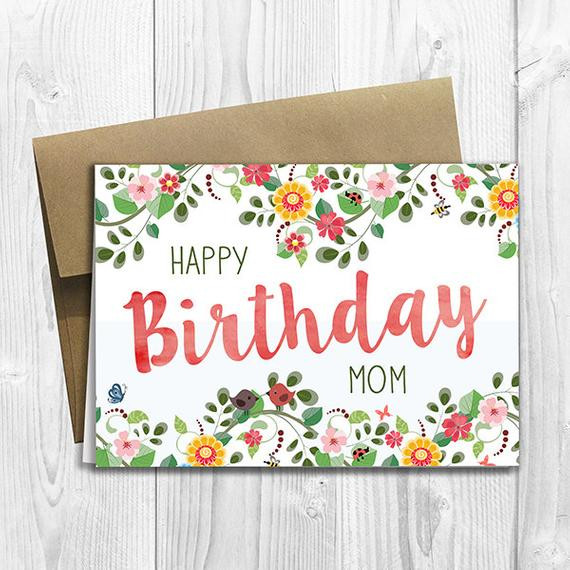 Happy Birthday Card For Mom
 PRINTED Floral Watercolor Happy Birthday Mom 5x7 Greeting Card
