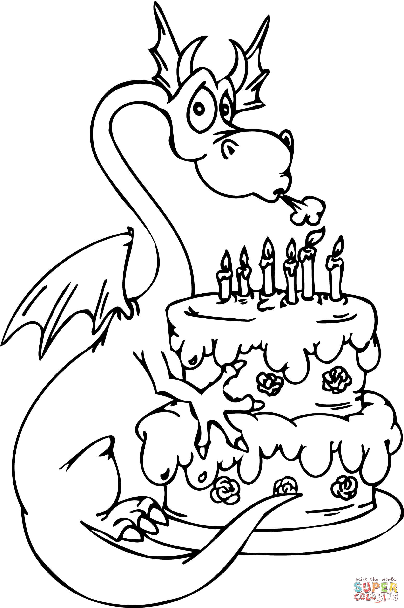 Happy Birthday Girl Coloring Pages
 Dragon with Happy Birthday Cake coloring page