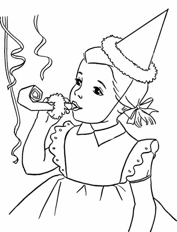 Happy Birthday Girl Coloring Pages
 Happy Birthday Girl Blowing A Horn Coloring Page Color Luna