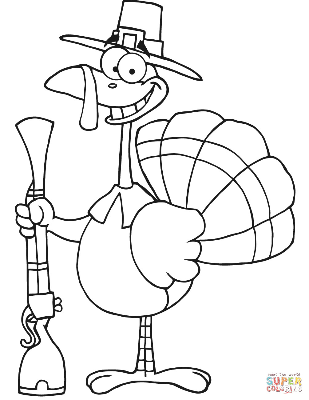Happy Thanksgiving Coloring Pages For Boys
 Happy Turkey with Pilgrim Hat and Musket coloring page