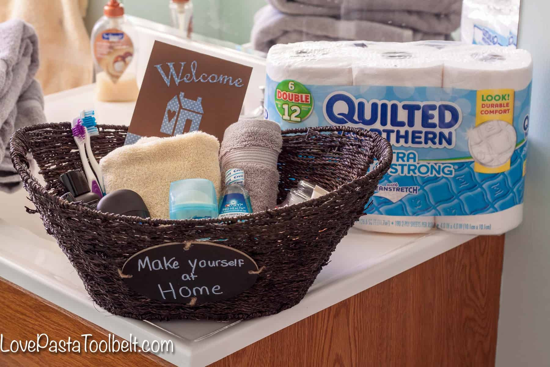 House Guest Gift Basket Ideas
 Guest Bathroom Wel e Basket Love Pasta and a Tool Belt