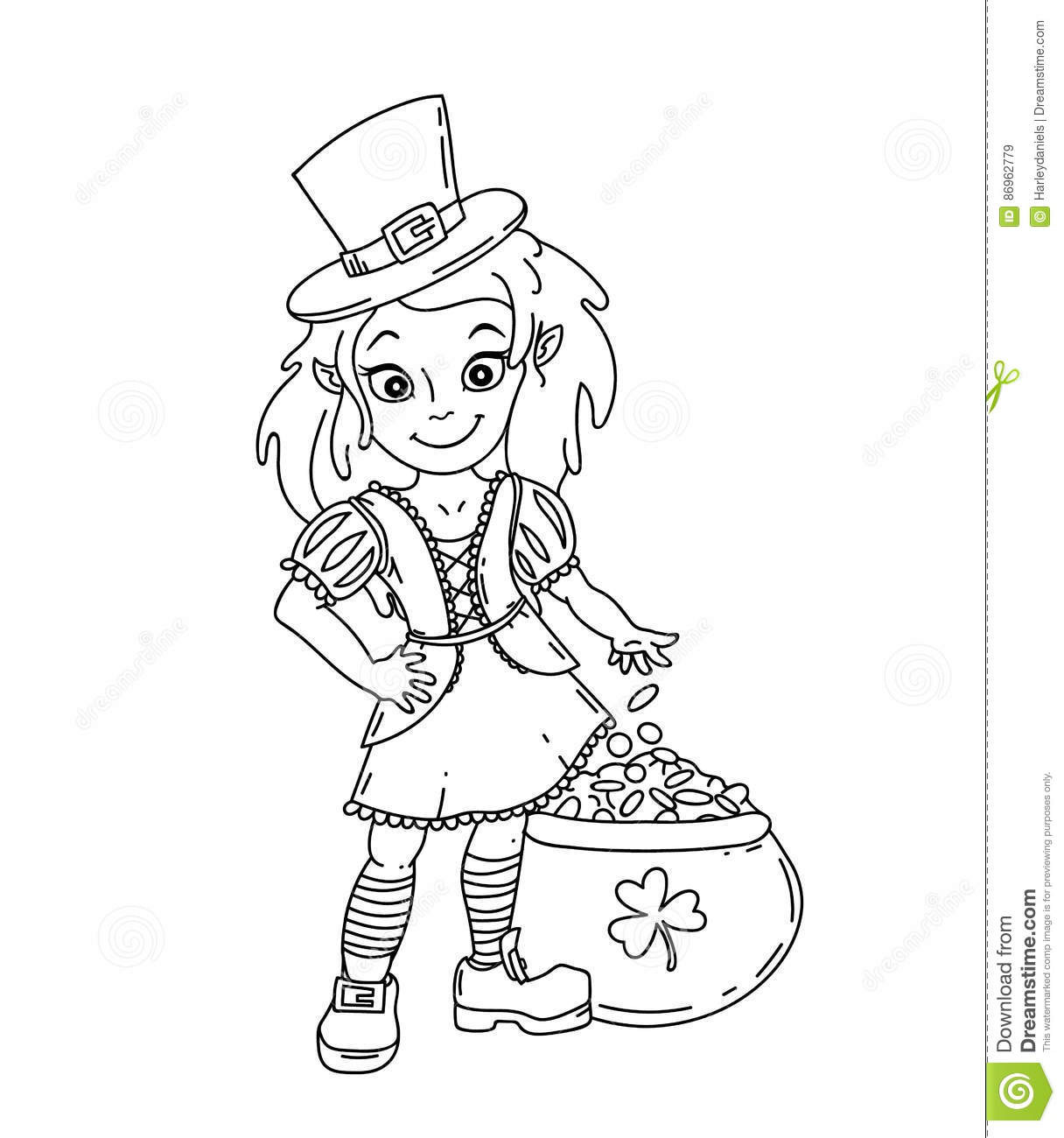 Irish Girl Coloring Pages
 Cute Cartoon Irish Leprechaun Girl With The Pot Gold