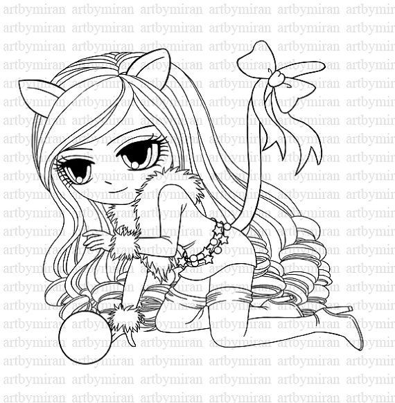 Kawaii Cat Girl Coloring Pages
 Digital Digi Stamp Miss Kitty 12 Instant Download