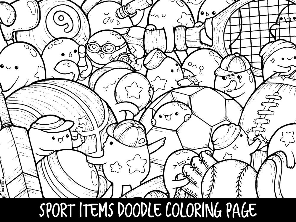 Kawaii Coloring Pages Printable
 Sport Items Doodle Coloring Page Printable Cute Kawaii