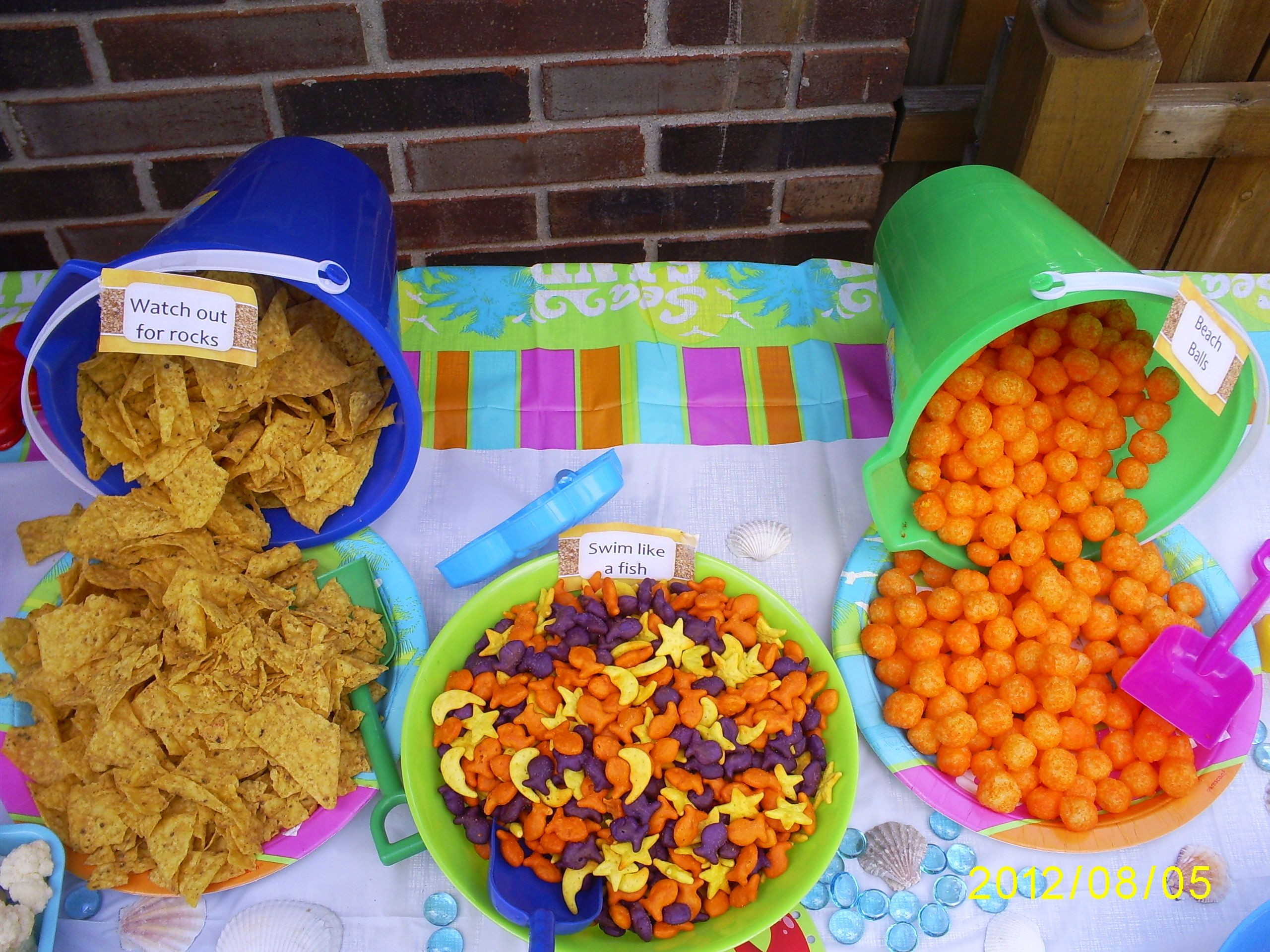 Kid Pool Party Food Ideas
 pool party food= Doritos gold fish cheese puffs