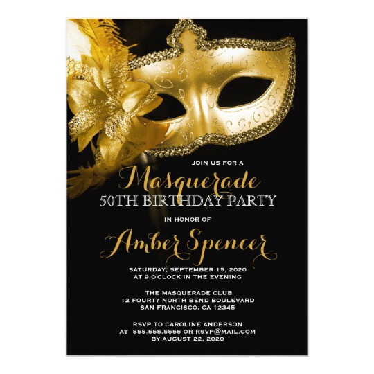 Masquerade Birthday Party Invitations
 Gold Mask Masquerade 50th Birthday Party Card