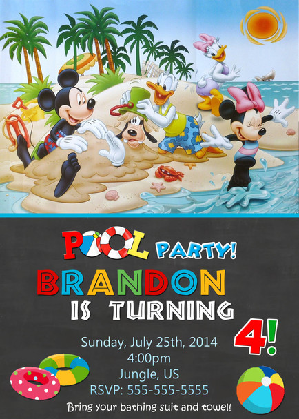 Mickey Mouse Pool Party Ideas
 Chalkboard Pool Party Mickey Mouse Birthday Invitations