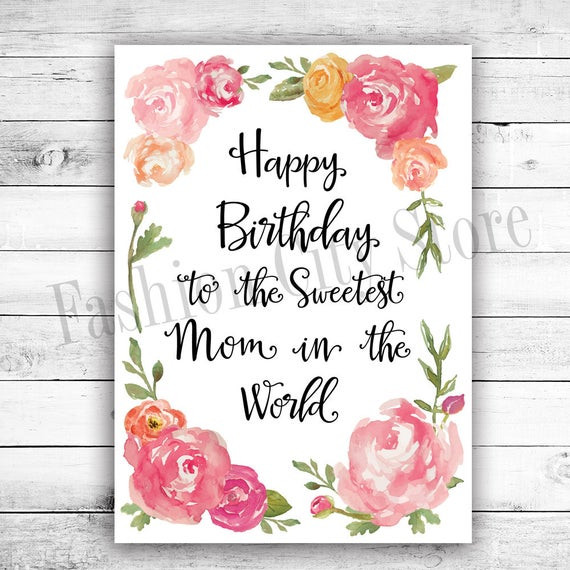 Mom Birthday Card Printable
 Happy Birthday Card for Mom Watercolor by FashionCityStore