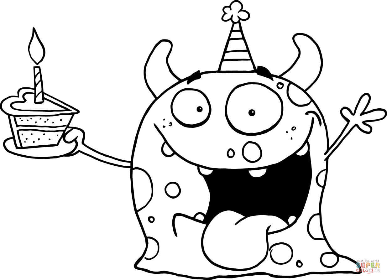 Monster Coloring Pages Printable
 Happy Monster Celebrates Birthday with Cake coloring page
