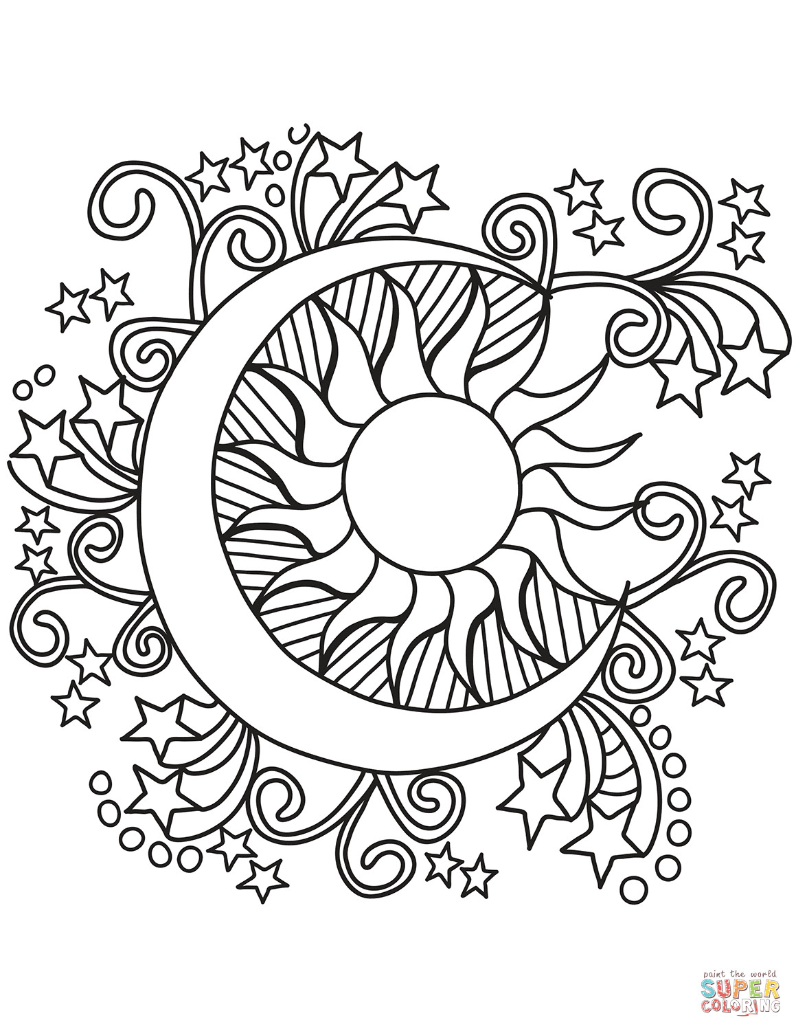 Moon And Stars Coloring Pages Printable
 Pop Art Sun Moon and Stars coloring page