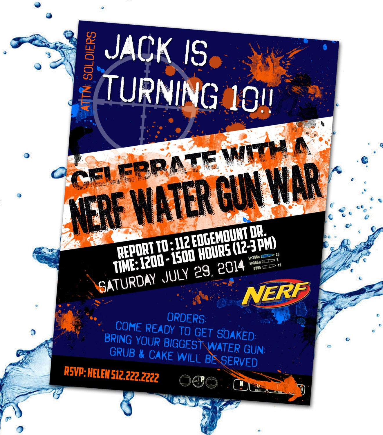 Nerf Birthday Invitations
 Customized Nerf Water Gun War Invitation by CraftBoxStudio
