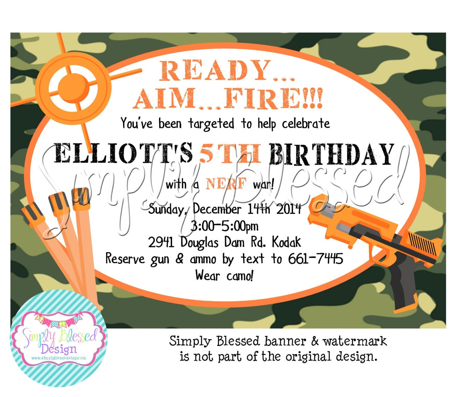 Nerf Birthday Invitations
 CAMO FUN Dart Gun Nerf Birthday Invitation by