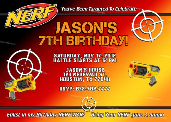 Nerf Birthday Invitations
 Items similar to Personalized Nerf Boy Birthday Party