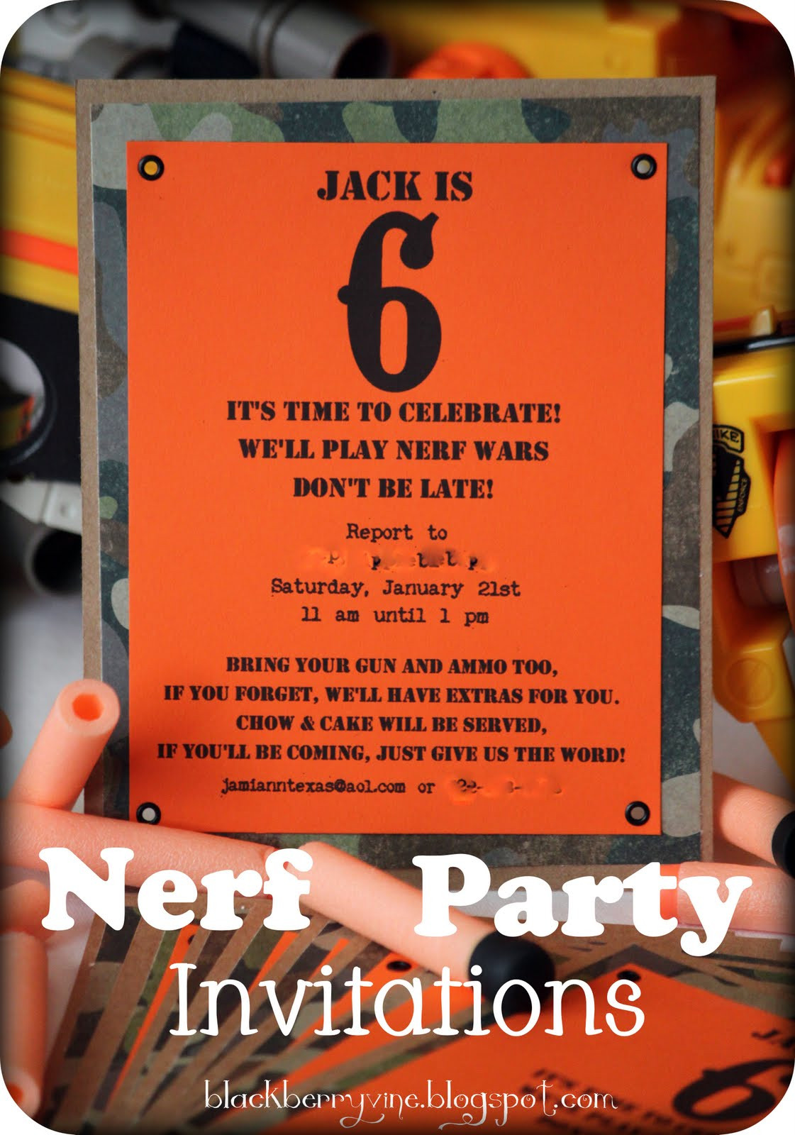 Nerf Birthday Invitations
 The Blackberry Vine Nerf Party Invitation