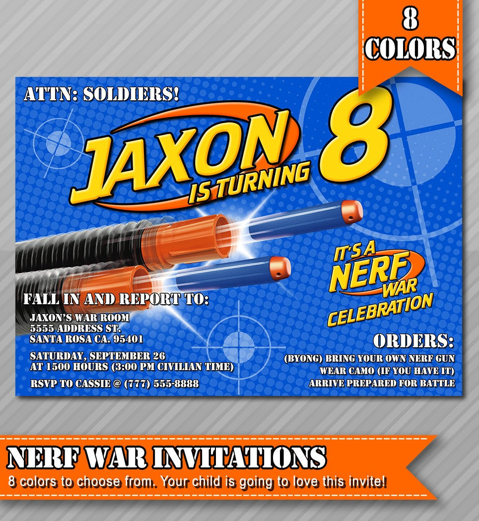 Nerf Birthday Invitations
 Nerf Party Invitations Nerf Wars Invitations by WolcottDesigns