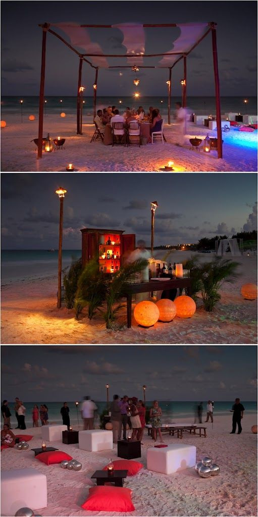 Night Beach Party Ideas
 pretty and function night beach wedding set up with light