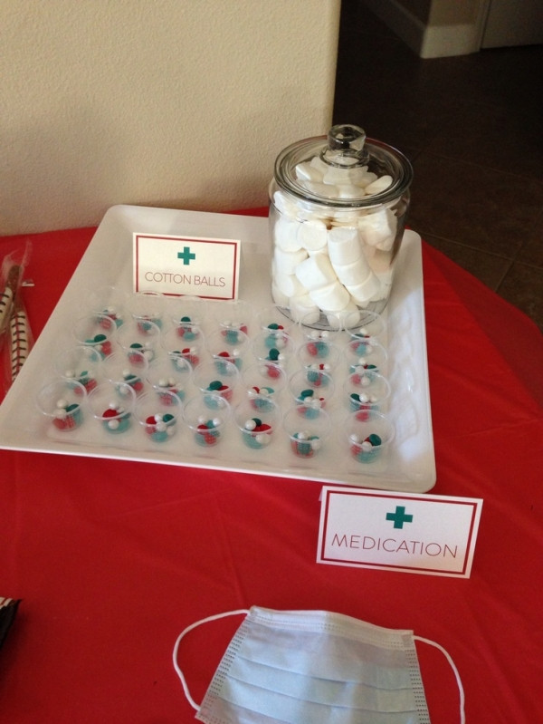 Nursing School Graduation Party Ideas
 Candy "Medication Cups" and Marshmallow "Cotton Balls" at