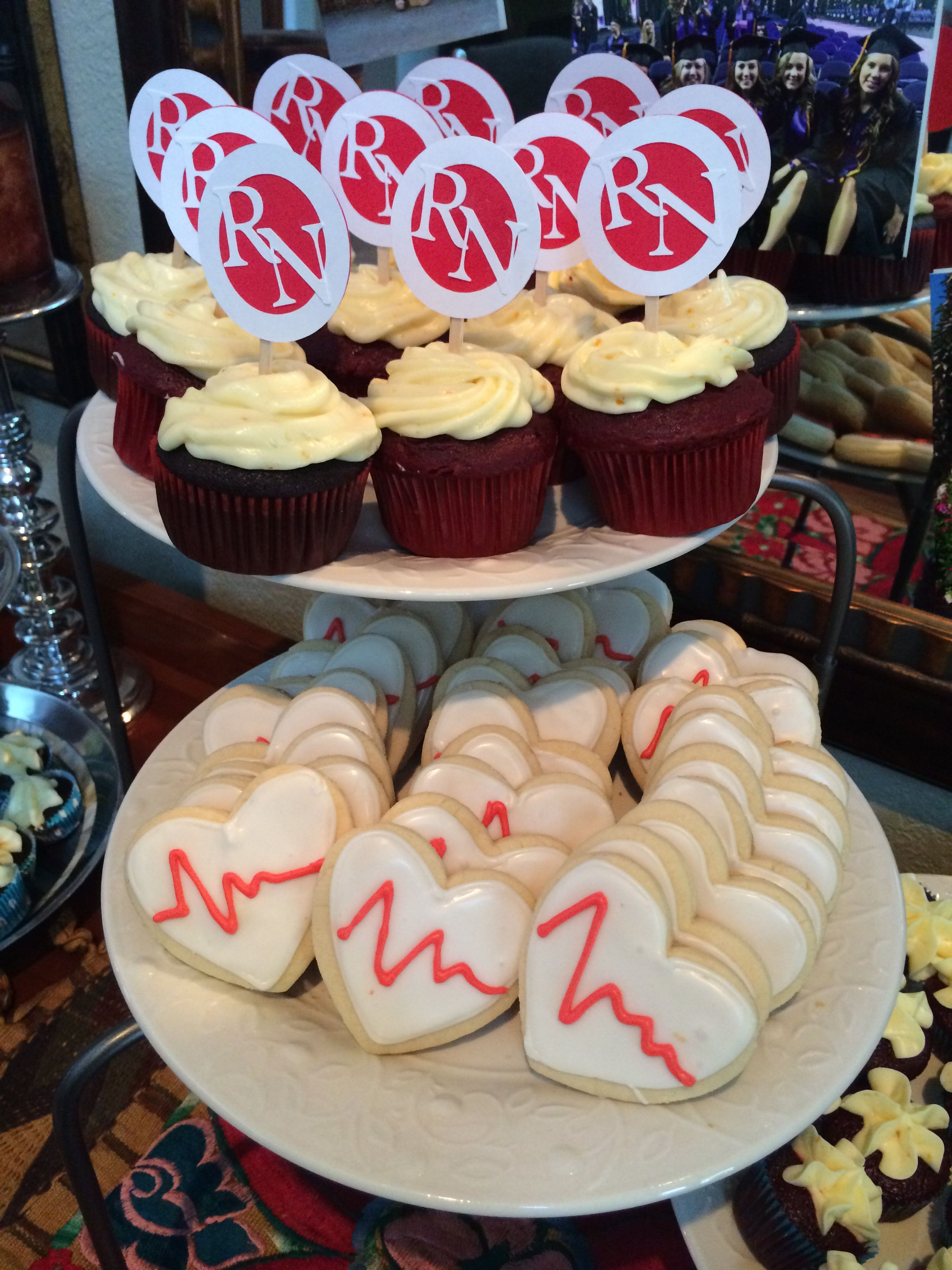 Nursing School Graduation Party Ideas
 Homemade EKG cookies and RN cupcake toppers for Nursing