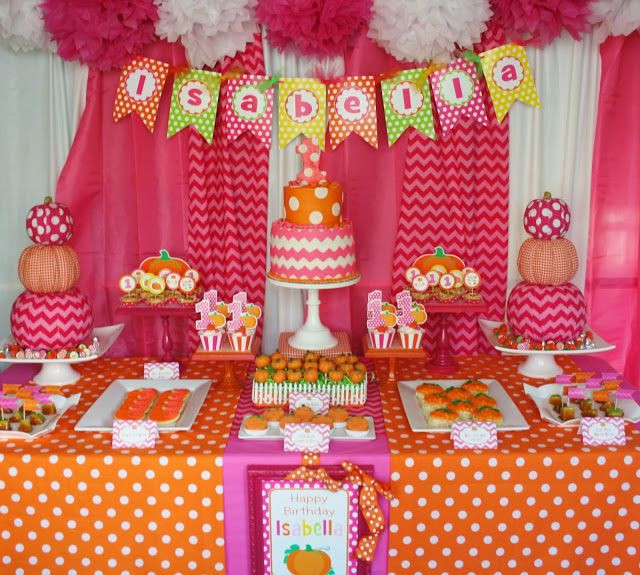 October Birthday Party Ideas
 Pink Pumpkin Party Sweet Table for little girls with late