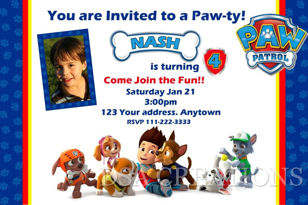 Paw Patrol Birthday Invitations Free
 PAW PATROL Birthday party invitations personalized custom