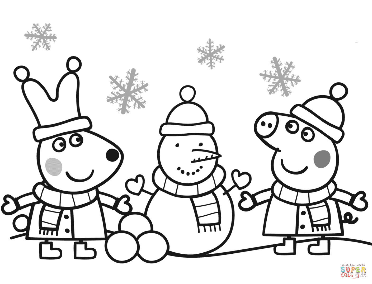 Peppa Pig Coloring Pages
 Peppa and Rebecca are Making Snowman coloring page