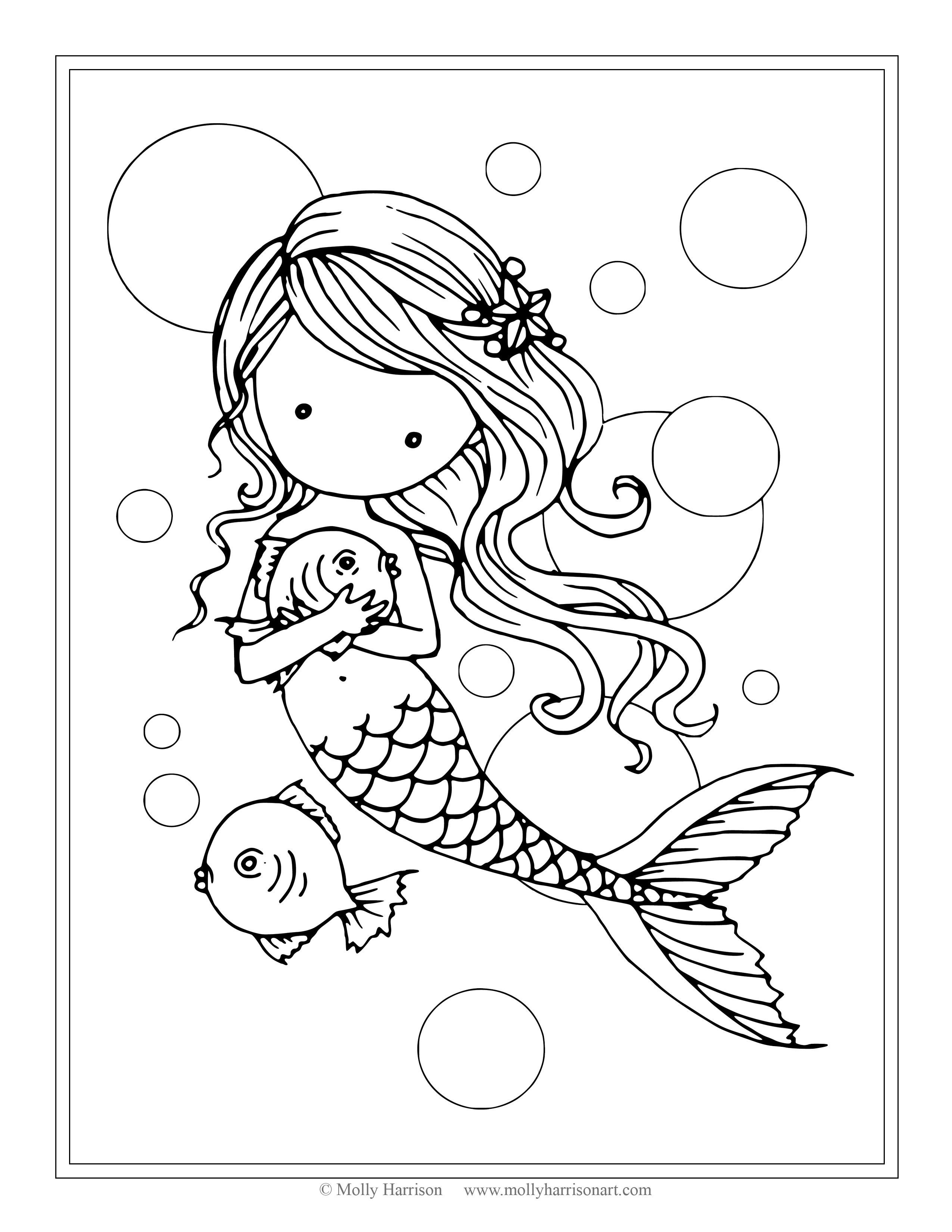 Printable Mermaid Coloring Pages For Girls
 Free Mermaid with Fish Coloring Page by Molly Harrison