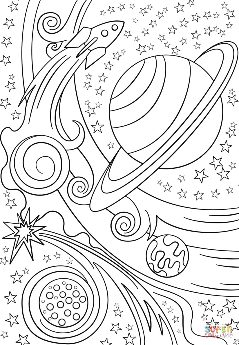 Printable Space Coloring Pages
 Trippy Space Rocket and Planets coloring page