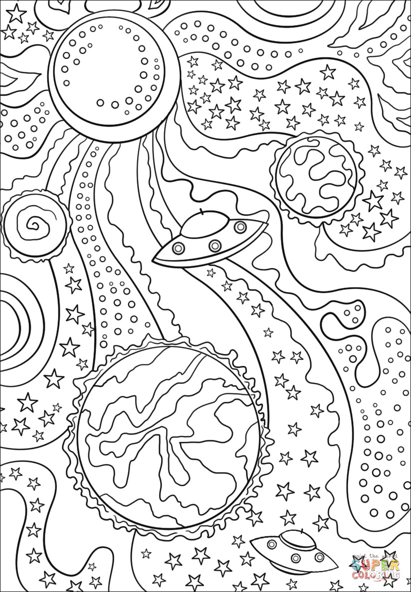 Printable Space Coloring Pages
 Trippy Space Alien Flying Saucer and Planets coloring