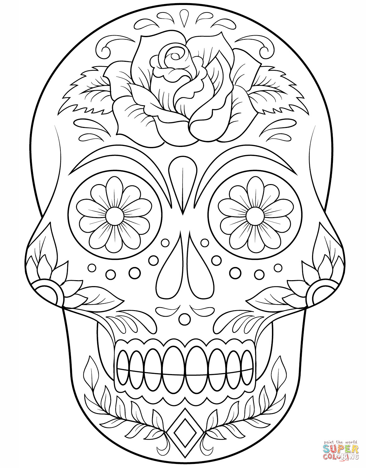 Printable Sugar Skull Coloring Pages
 Sugar Skull with Flowers coloring page