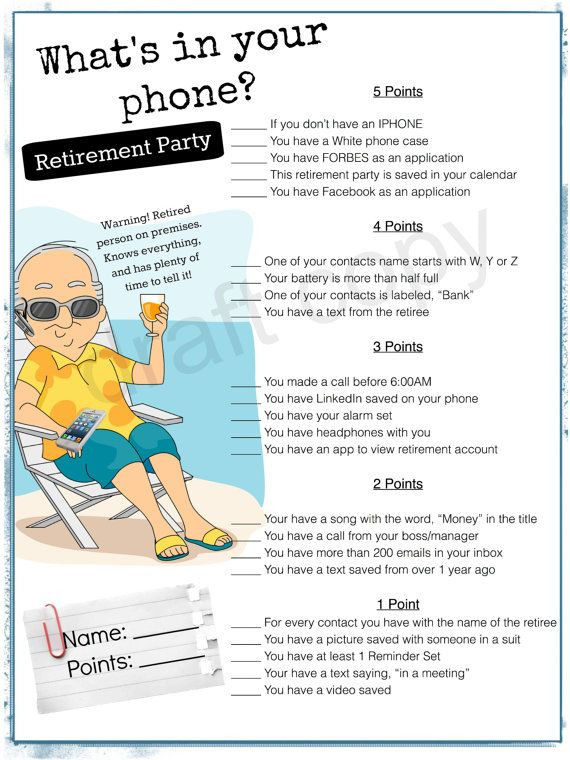 Retirement Party Game Ideas
 Retirement Party Game Whats in your phone